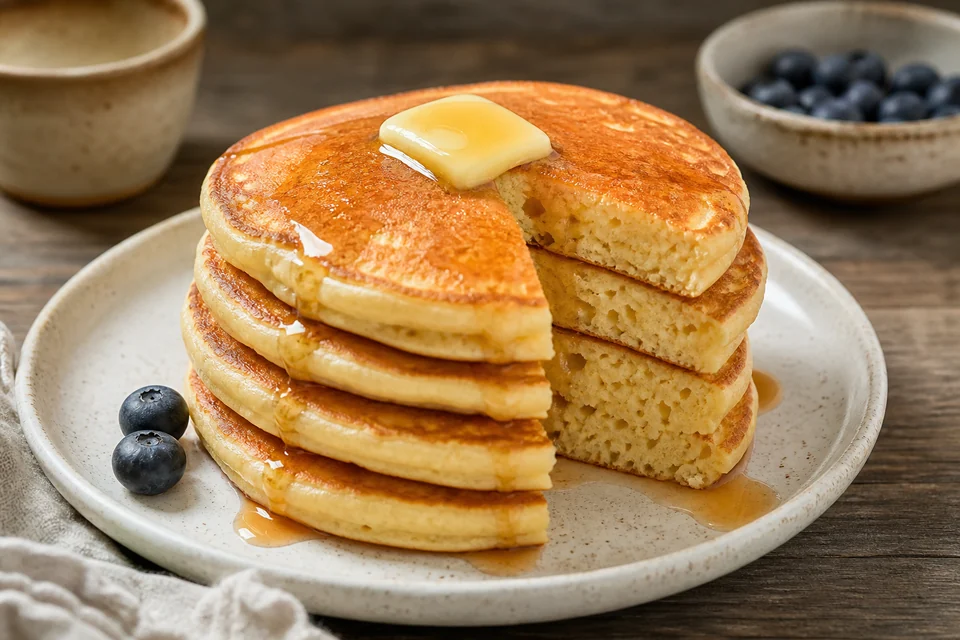 Finished buttermilk pancake stack with butter, syrup, blueberries, and a fully cooked tender crumb