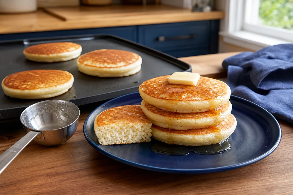 Thick American pancake stack on a navy plate with one cut pancake showing an even tender crumb.