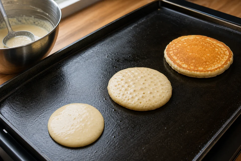 Three American pancakes at fresh, bubbling, and flipped stages on a flat home griddle.