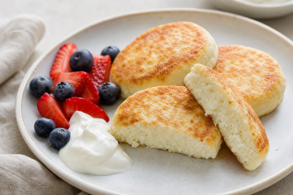 Tender browned cottage-cheese pancakes with one cut open to show small moist curds, served with berries.