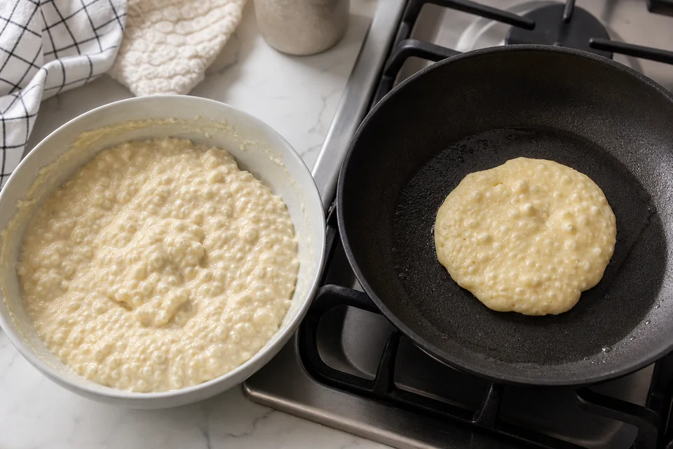 Thick cottage-cheese pancake batter with visible curds beside one small test pancake cooking in a skillet.