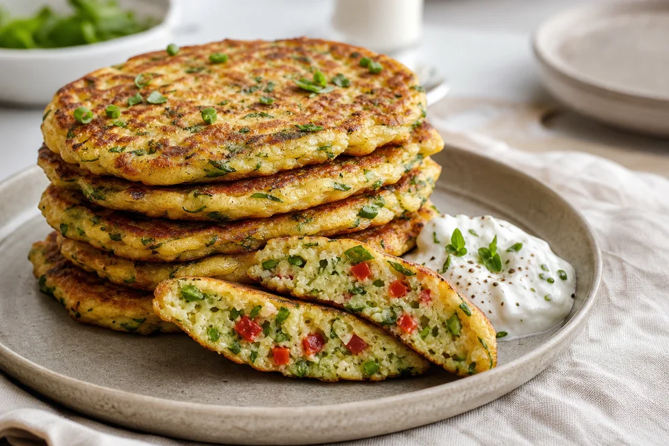 A stack of golden herb-flecked savory pancakes with one cut open to show vegetables and a tender crumb.