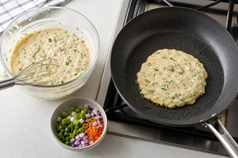 Savory pancake batter, drained chopped vegetables, and one test pancake cooking with set edges.