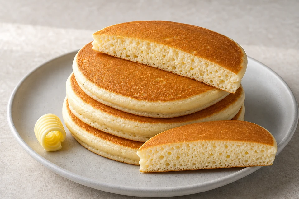 Tall golden pancakes made from pancake mix with an airy cut crumb visible