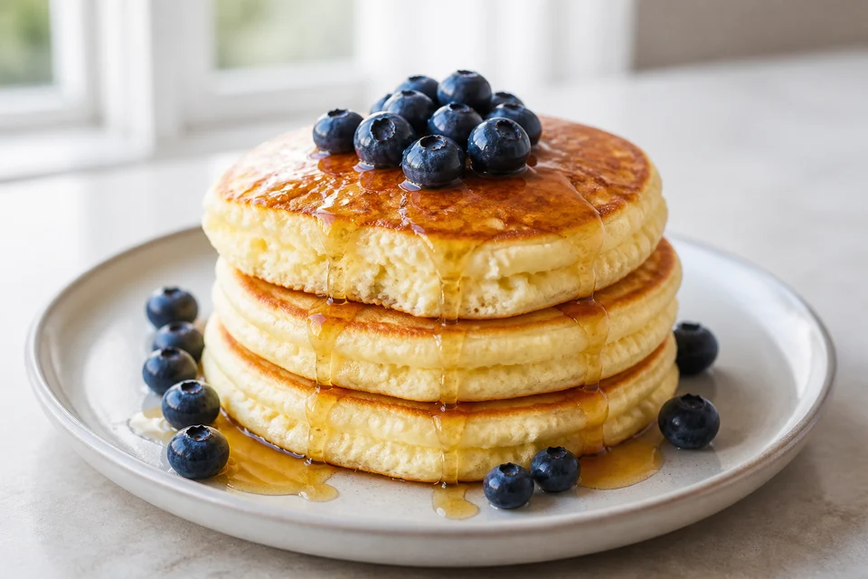 Finished stack of tall golden pancakes made without buttermilk, topped with blueberries and syrup.