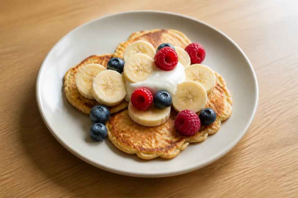 Small banana-and-egg pancakes with banana slices, berries, and yogurt.