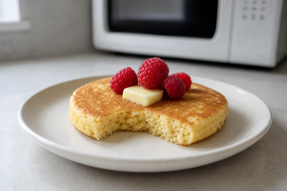 Single-serve microwave almond-flour pancake with butter and raspberries.