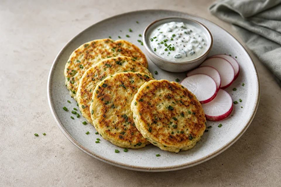 Four golden savory almond-flour pancakes flecked with herbs, served with yogurt, radish, and spring onion.