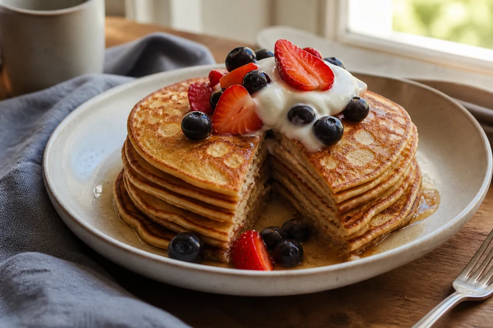 Finished thin-to-medium pancakes without baking powder, cut to show a tender crumb and served with berries and yogurt.