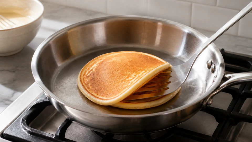 Golden pancake in a stainless-steel pan with a metal spatula lifting one edge.