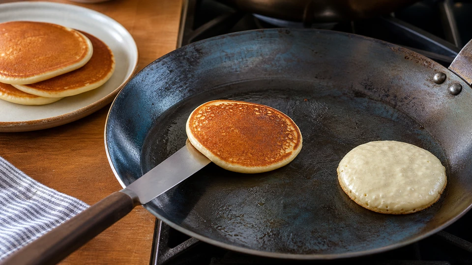 Editorial setup illustrating how to make pancakes on carbon steel.