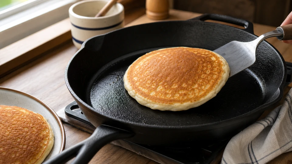 Editorial setup illustrating how to make pancakes on cast iron without sticking.