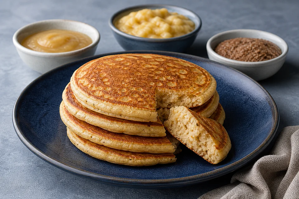 Golden eggless pancake stack with one cut pancake beside banana, applesauce, and flax binder options.