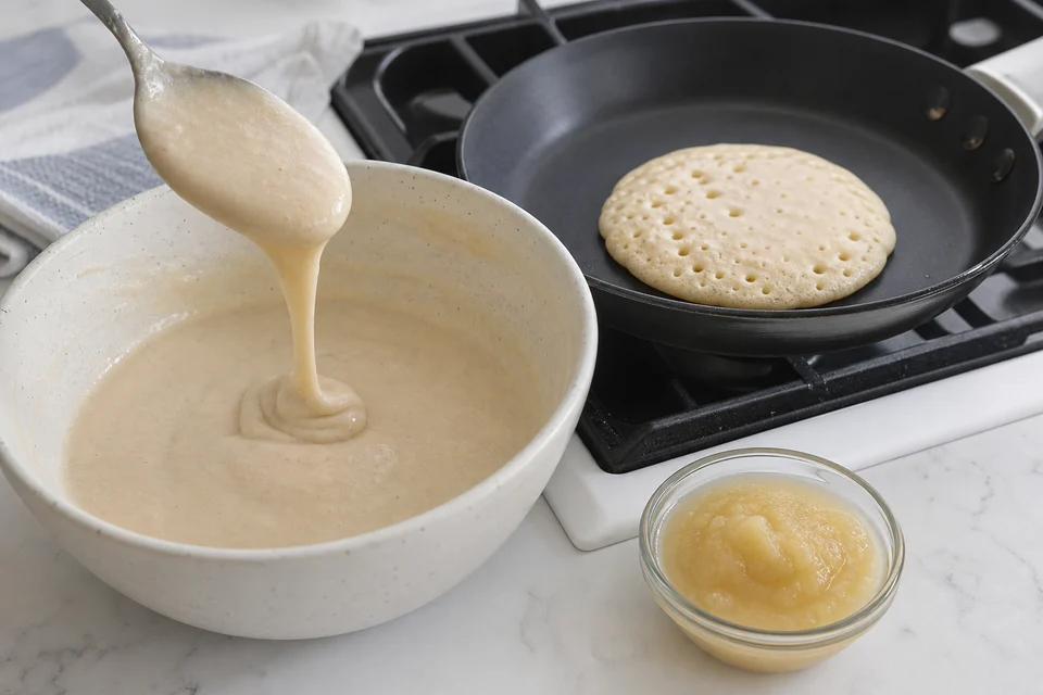 Eggless pancake batter resting beside one test pancake with a set edge and surface bubbles.