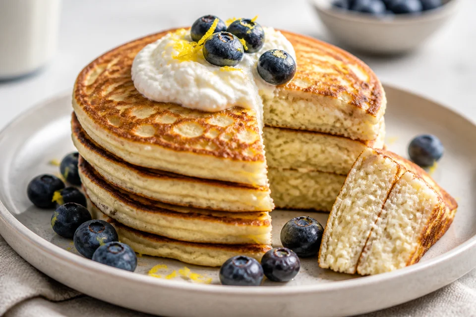 Cottage-cheese protein pancake stack with blueberries, lemon zest, and visible tender crumb.