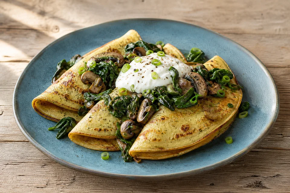Folded herb pancakes with mushrooms, spinach, spring onion, and yogurt.