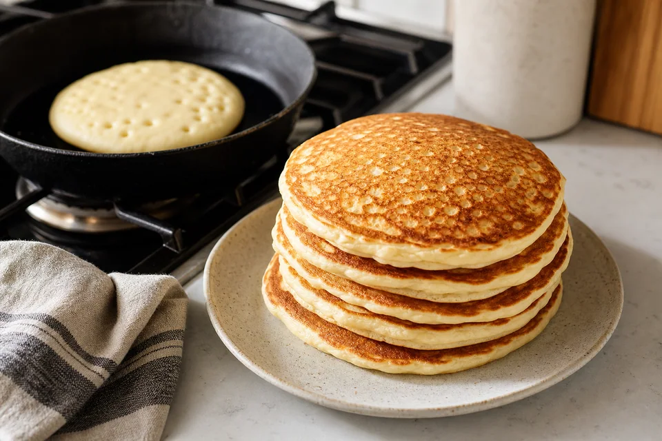 An evenly browned stack of finished pancakes beside a skillet holding a pancake with bubbles and a set edge.