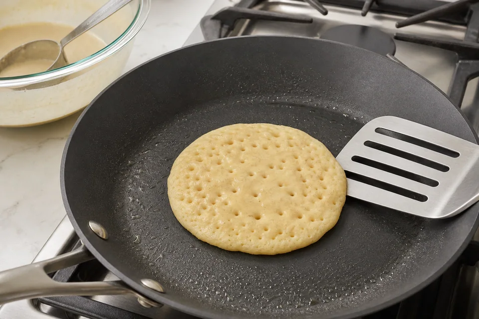 A pancake cooking in a stovetop skillet with open bubbles, a matte set rim, and a broad turner ready to flip it.