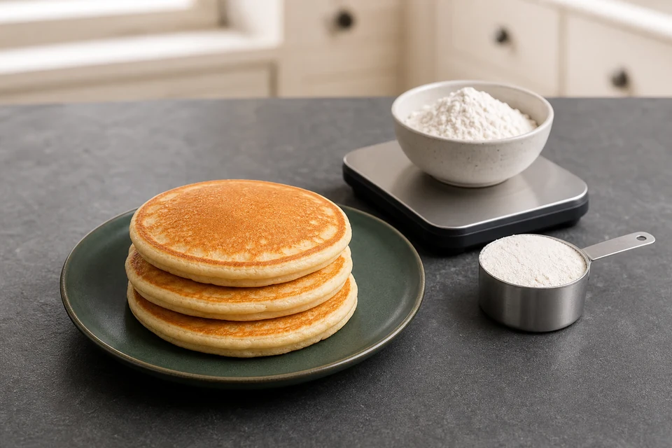 Finished pancakes beside flour measured on a kitchen scale and in a leveled cup