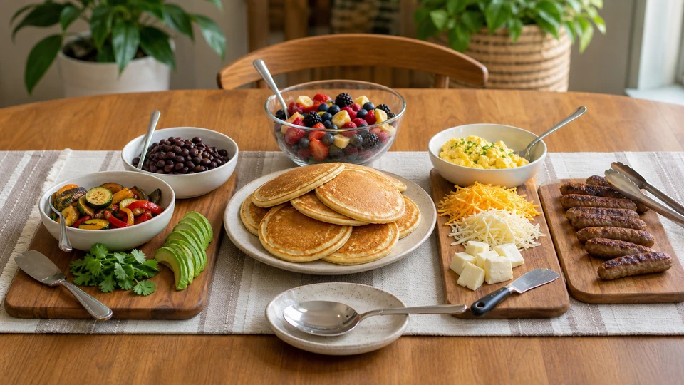 Breakfast planning scene for How to Plan One Brunch for Vegan, Vegetarian and Omnivore Guests, showing the mixed-diets components in practical service order.