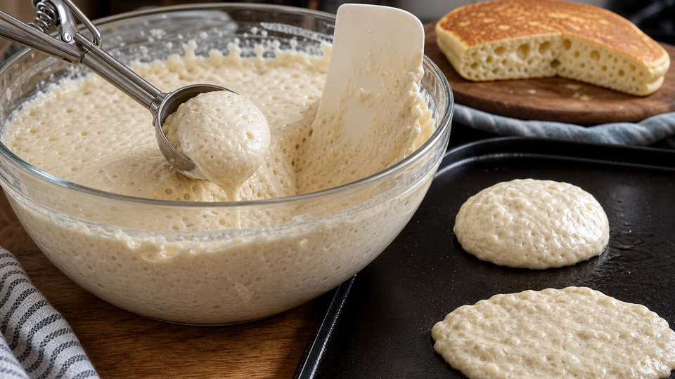 Planning image for How to Portion Thick, Aerated Pancake Batter Without Deflating It, showing a controlled ingredient/process setup for how to portion thick, aerated pancake batter without deflating it, showing only the relevant unbranded ingredients, tools and one clear before/after or side-by-side variable.