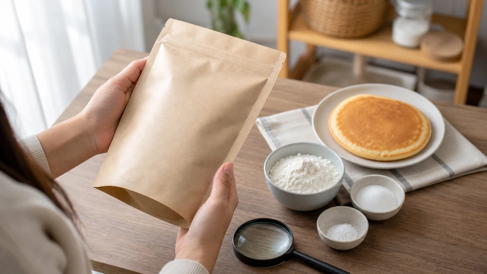 Planning image for How to Read a Pancake Mix Label, showing a controlled ingredient/process setup for how to read a pancake mix label, showing only the relevant unbranded ingredients, tools and one clear before/after or side-by-side variable.