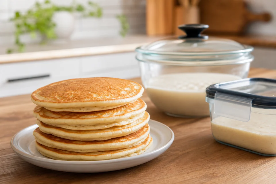 Finished pancakes beside clean covered containers of refrigerated pancake batter