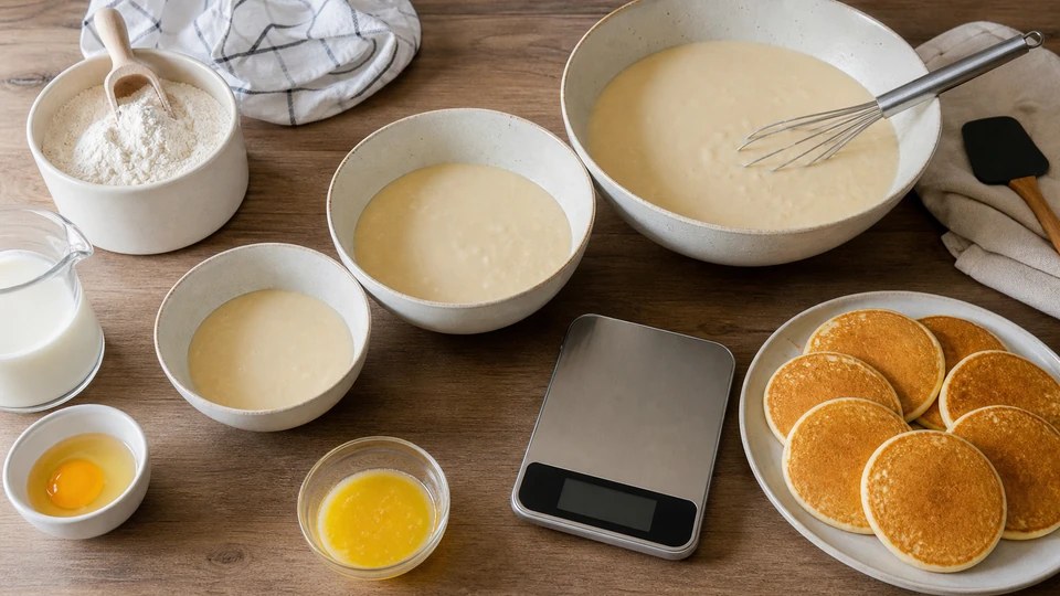 Planning image for How to Scale Pancake Batter Without Breaking the Formula, showing a controlled ingredient/process setup for how to scale pancake batter without breaking the formula, showing only the relevant unbranded ingredients, tools and one clear before/after or side-by-side variable.