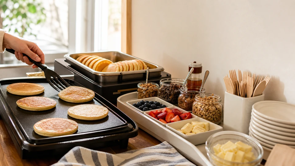 Breakfast planning scene for How to Set Up a Pancake Bar Without a Traffic Jam, showing the pancake-bar components in practical service order.