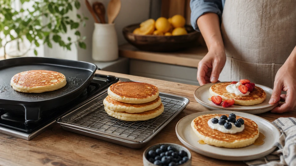 Editorial setup illustrating how to stagger pancake service without a long holding time.