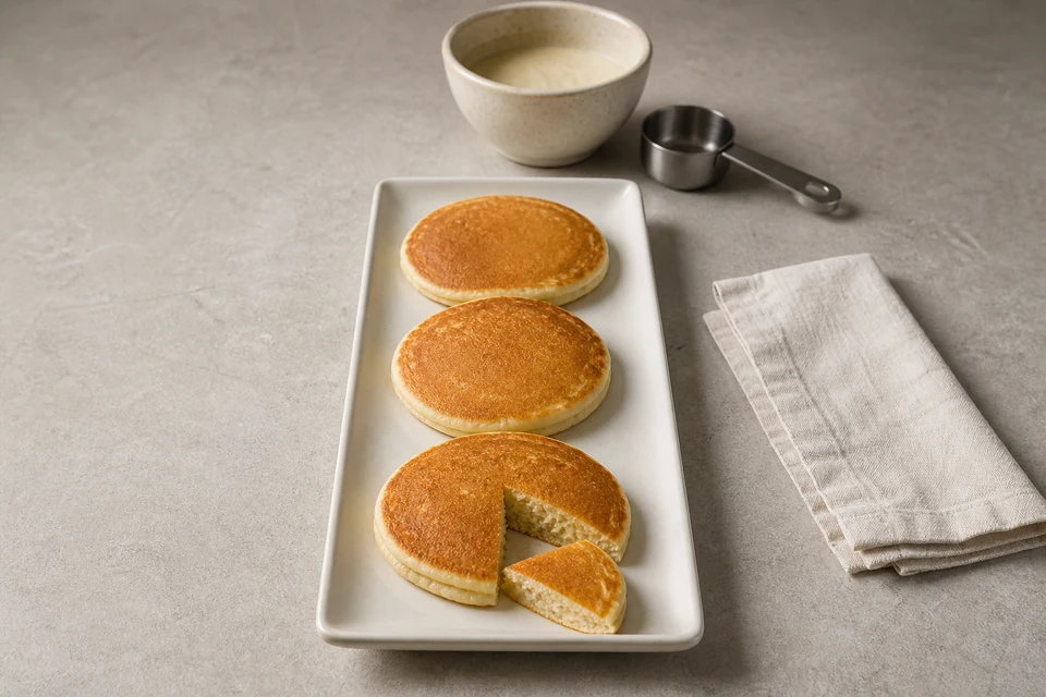Finished plain pancakes beside a measured bowl of basic batter, with one pancake cut open to show a fully cooked centre.