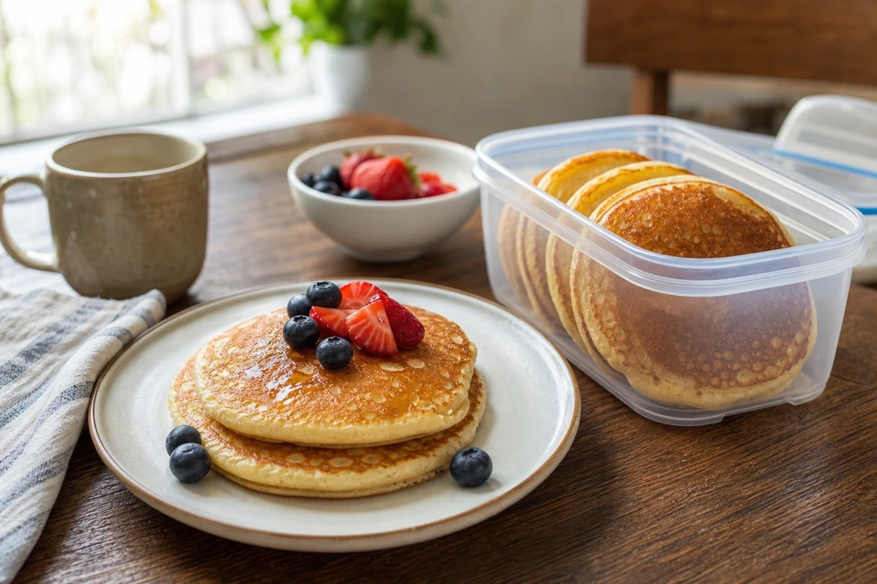 Plated pancakes with berries beside extra pancakes standing in an open storage container.