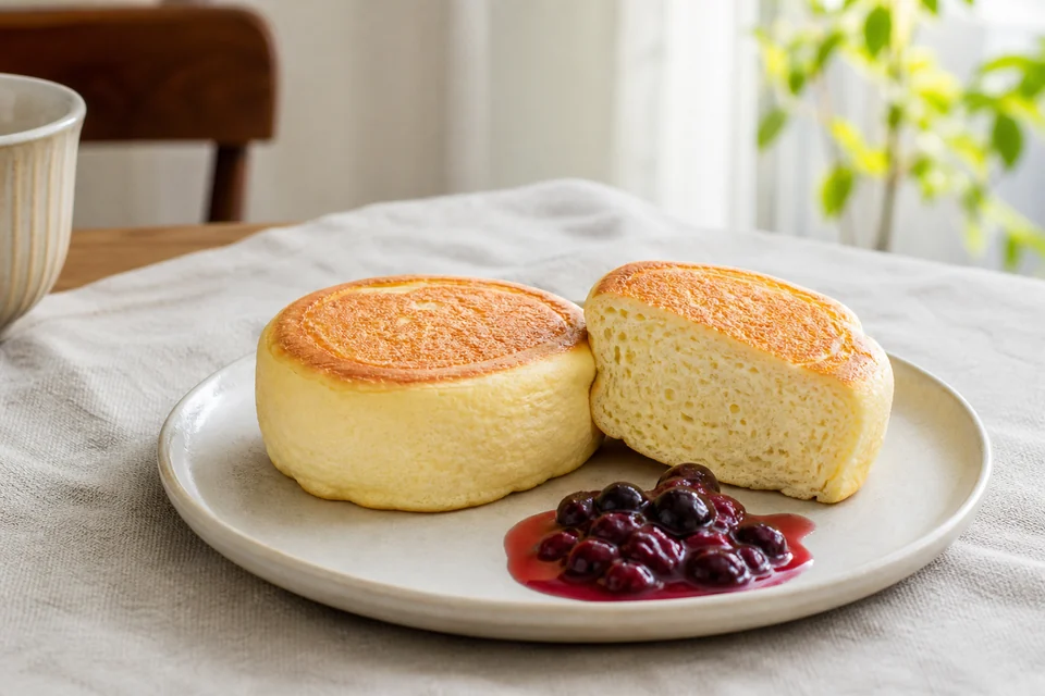 Finished Japanese soufflé-style pancakes with a fully cooked airy centre.