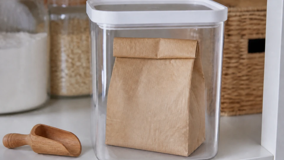 Opened dry pancake mix kept in its original pouch inside a clean sealed secondary container