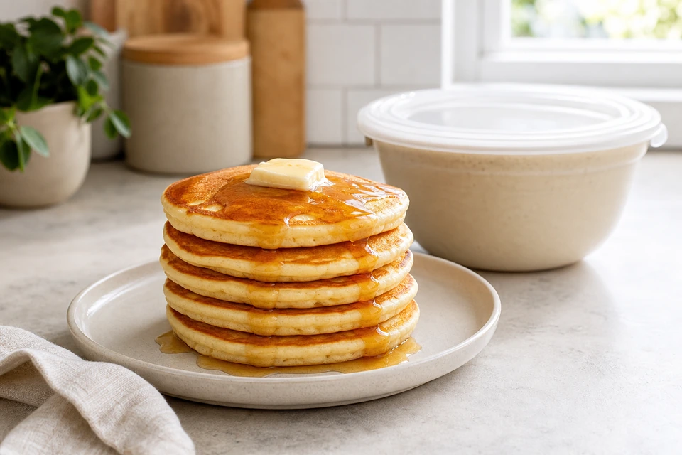 Finished pancakes with syrup and butter beside a covered container of prepared batter.