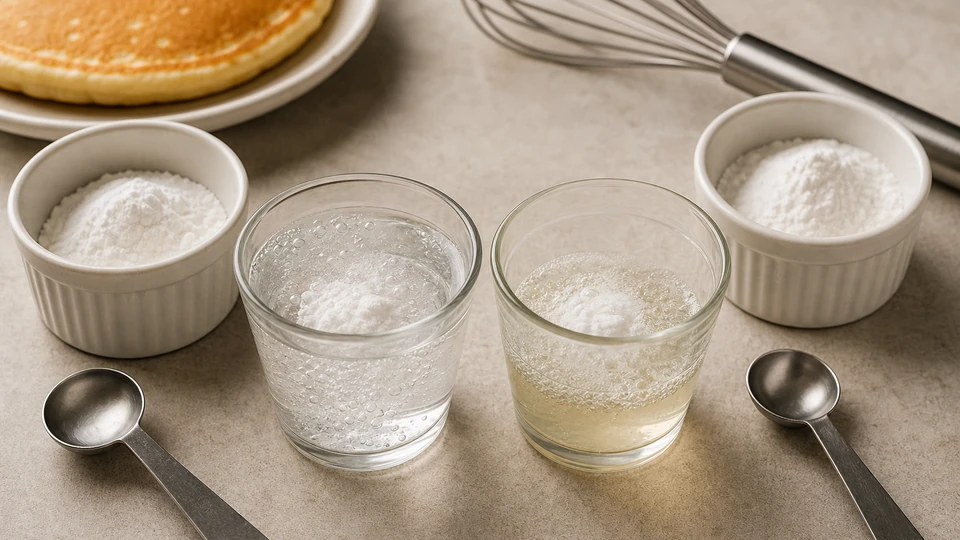 Editorial setup illustrating how to test pancake leaveners before you mix the batter.