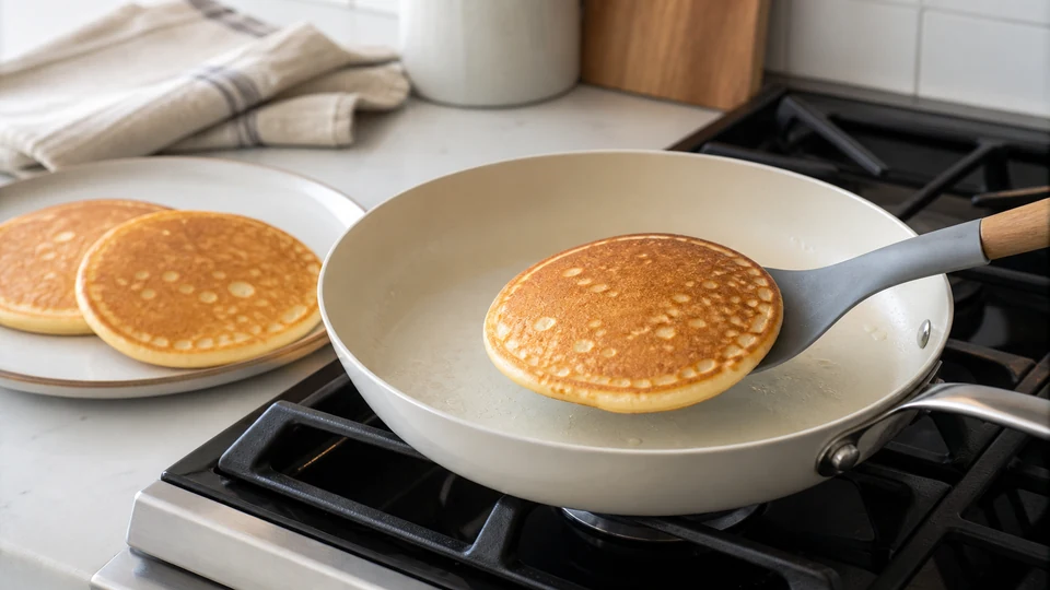 A pancake lifting from an unbranded light ceramic-coated pan with a silicone spatula.