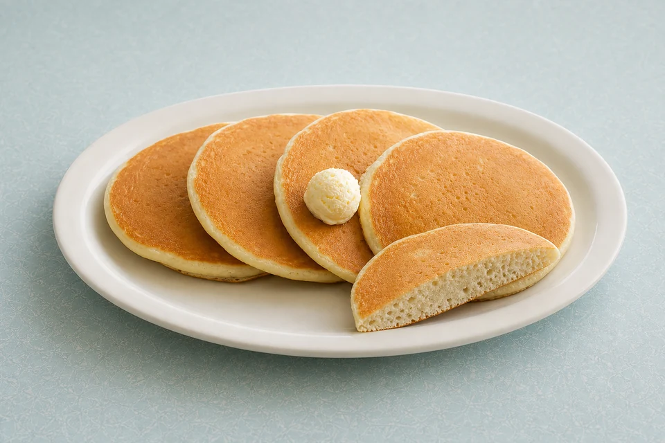 Finished stack of soft buttermilk pancakes with even golden tops, a small butter pat, and one cut edge showing a tender interior.