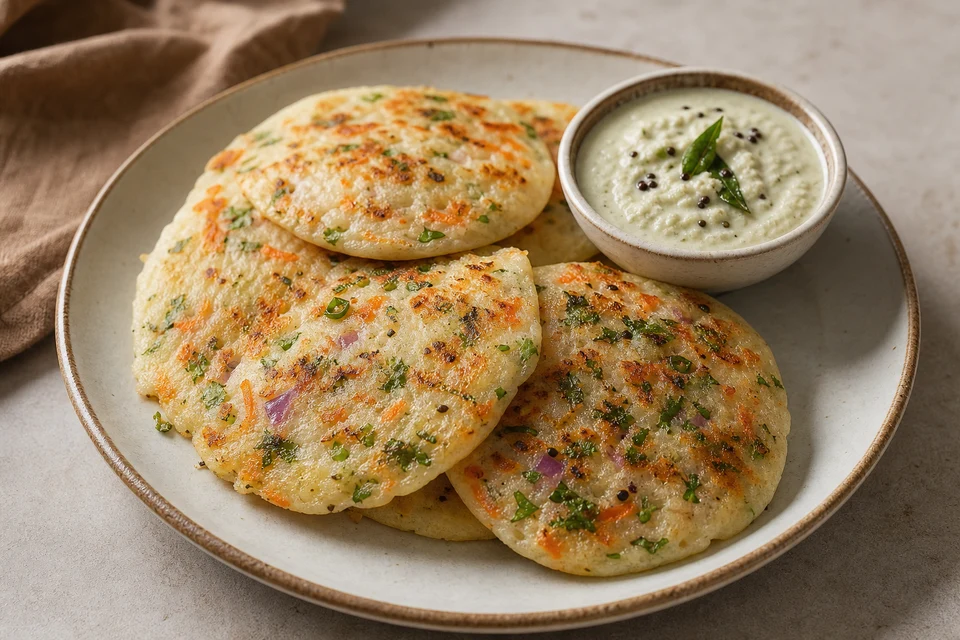 Finished Indian savory semolina and yogurt pancakes with carrot, onion, chili, coriander, and coconut chutney.
