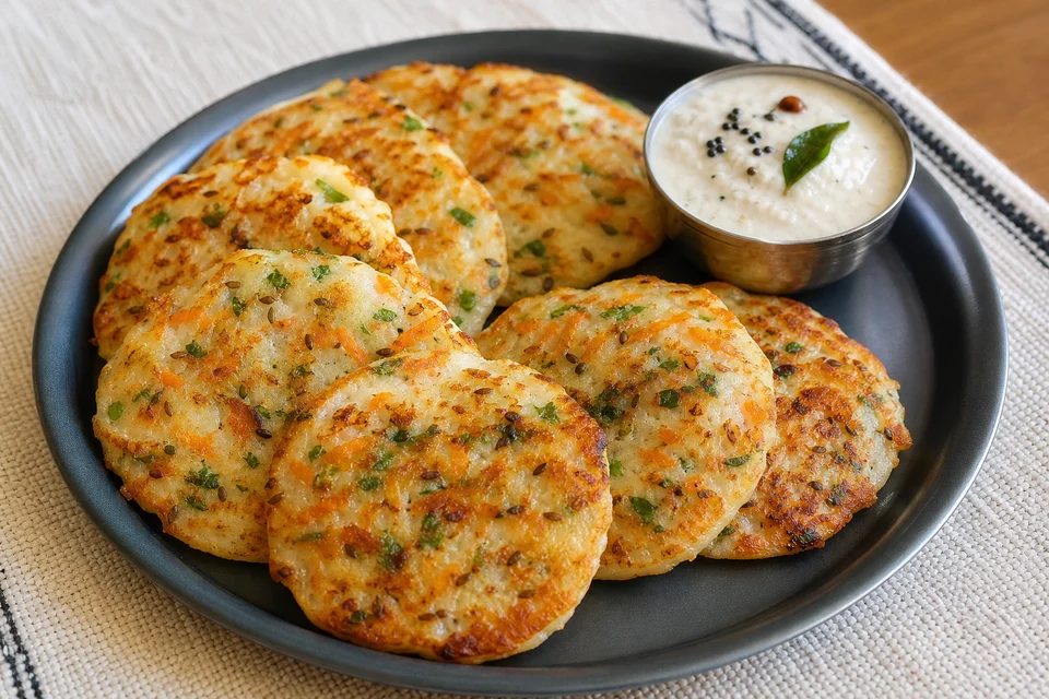 Finished Indian semolina and yogurt pancakes flecked with carrot, coriander, chilli, and cumin, served with coconut chutney.