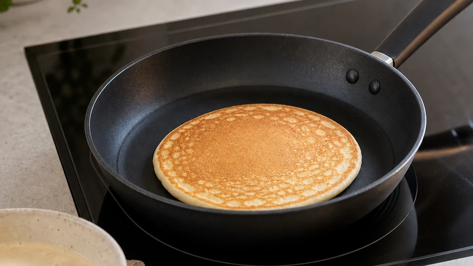 Editorial setup illustrating induction pancakes: match pan size, power and heat response.
