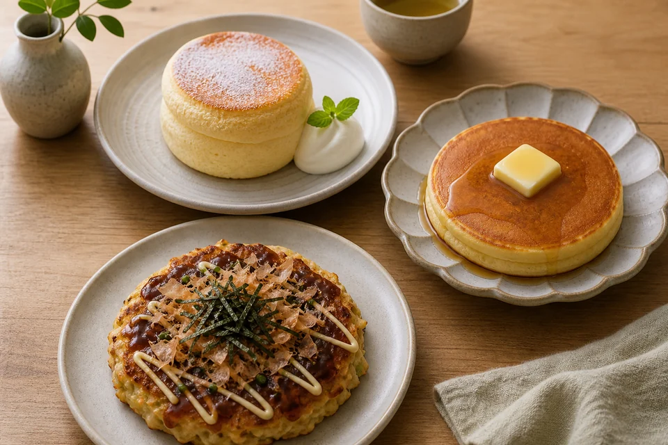 Finished Japanese soufflé pancake, hotcake, and savoury okonomiyaki-style pancake on separate plates