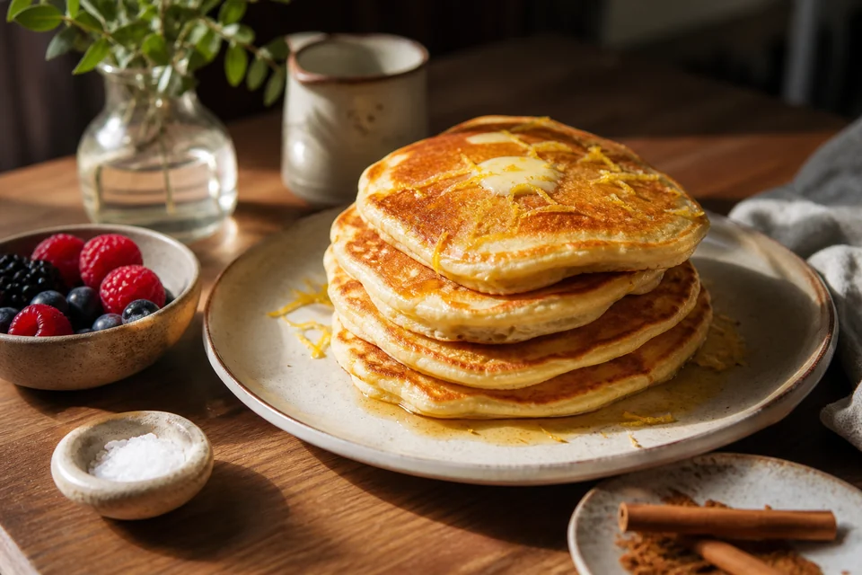 Golden pancakes balanced with browned butter, citrus zest, berries, salt, and warm spices.
