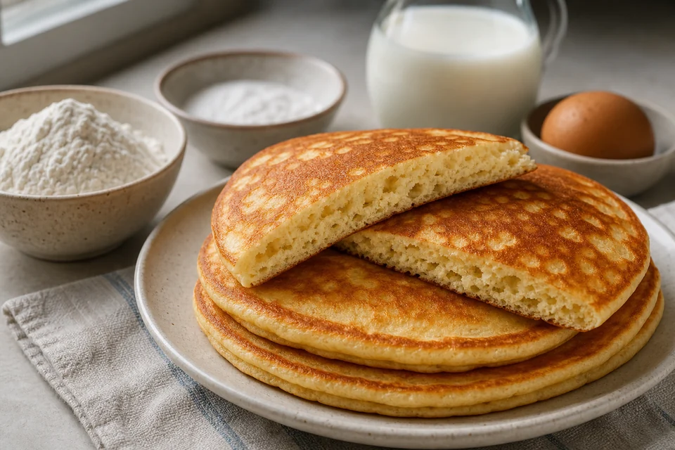 A cut pancake stack revealing a tender crumb, with flour, leavener, milk, and egg nearby.