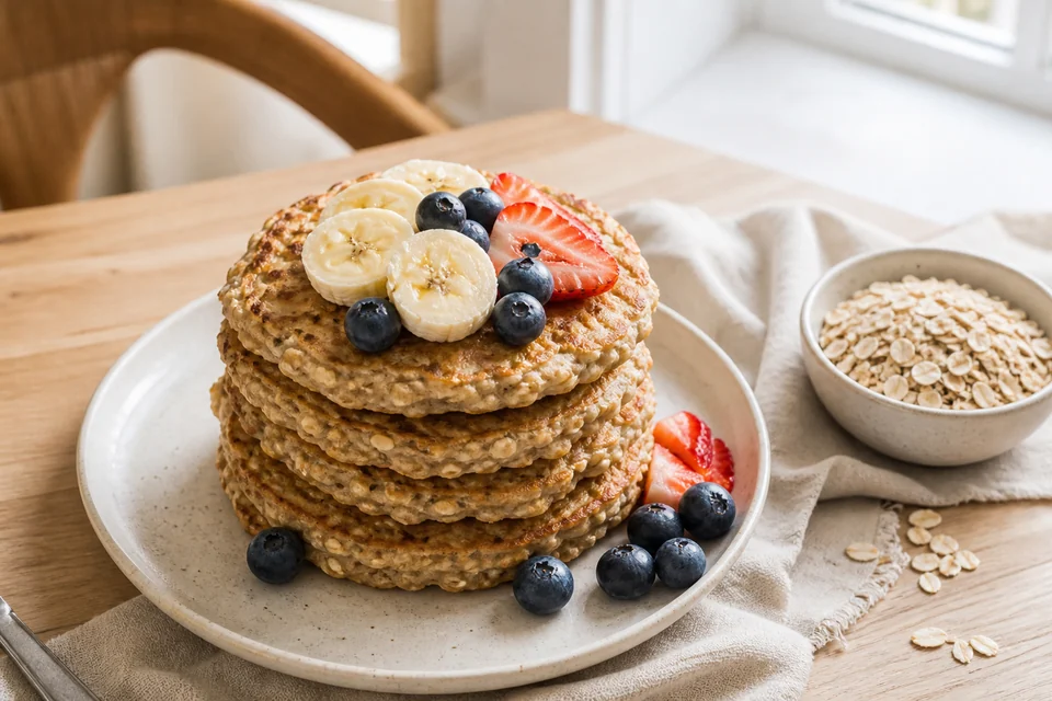 Oatmeal pancakes topped with banana and berries, with rolled oats beside the plate.