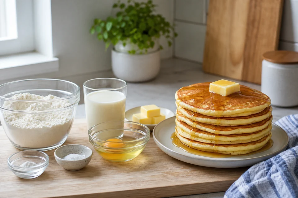 A beginner pancake setup with finished pancakes and neatly measured basic ingredients.
