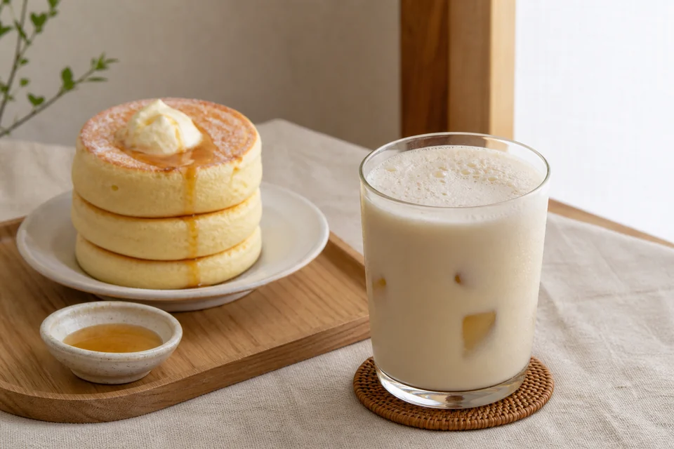 A chilled creamy pancake-inspired drink beside a finished stack of Japanese-style pancakes