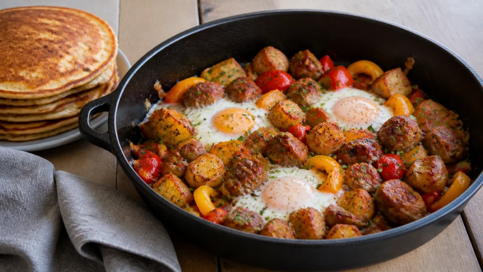 Italian sausage breakfast prepared for Pancakes World.