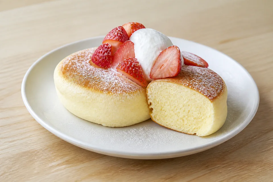 Tall Japanese soufflé pancakes with a cooked airy crumb, strawberries, and cream.