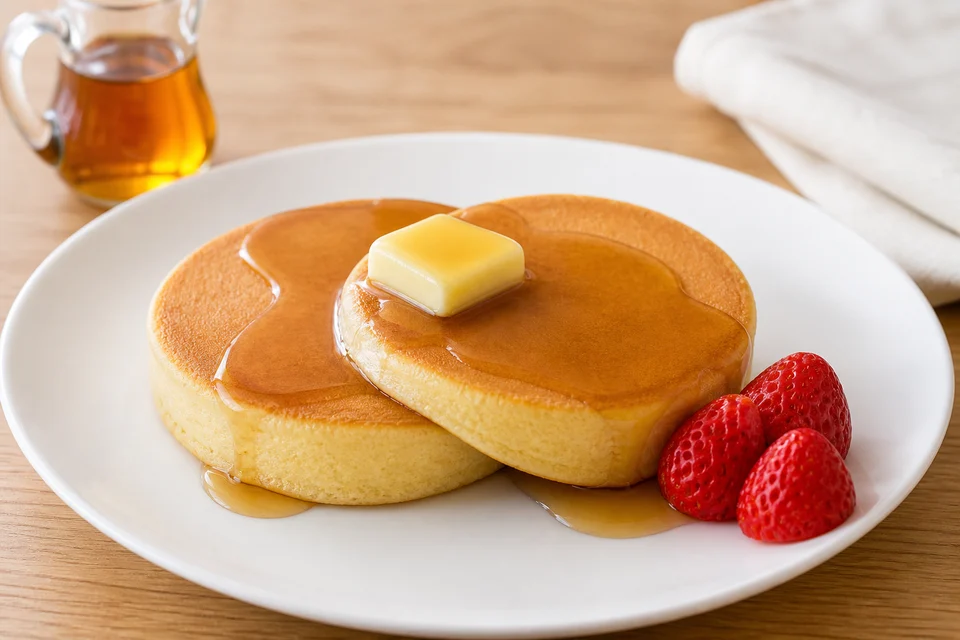 Two thick Japanese-style hotcakes with butter, restrained syrup, and strawberries.